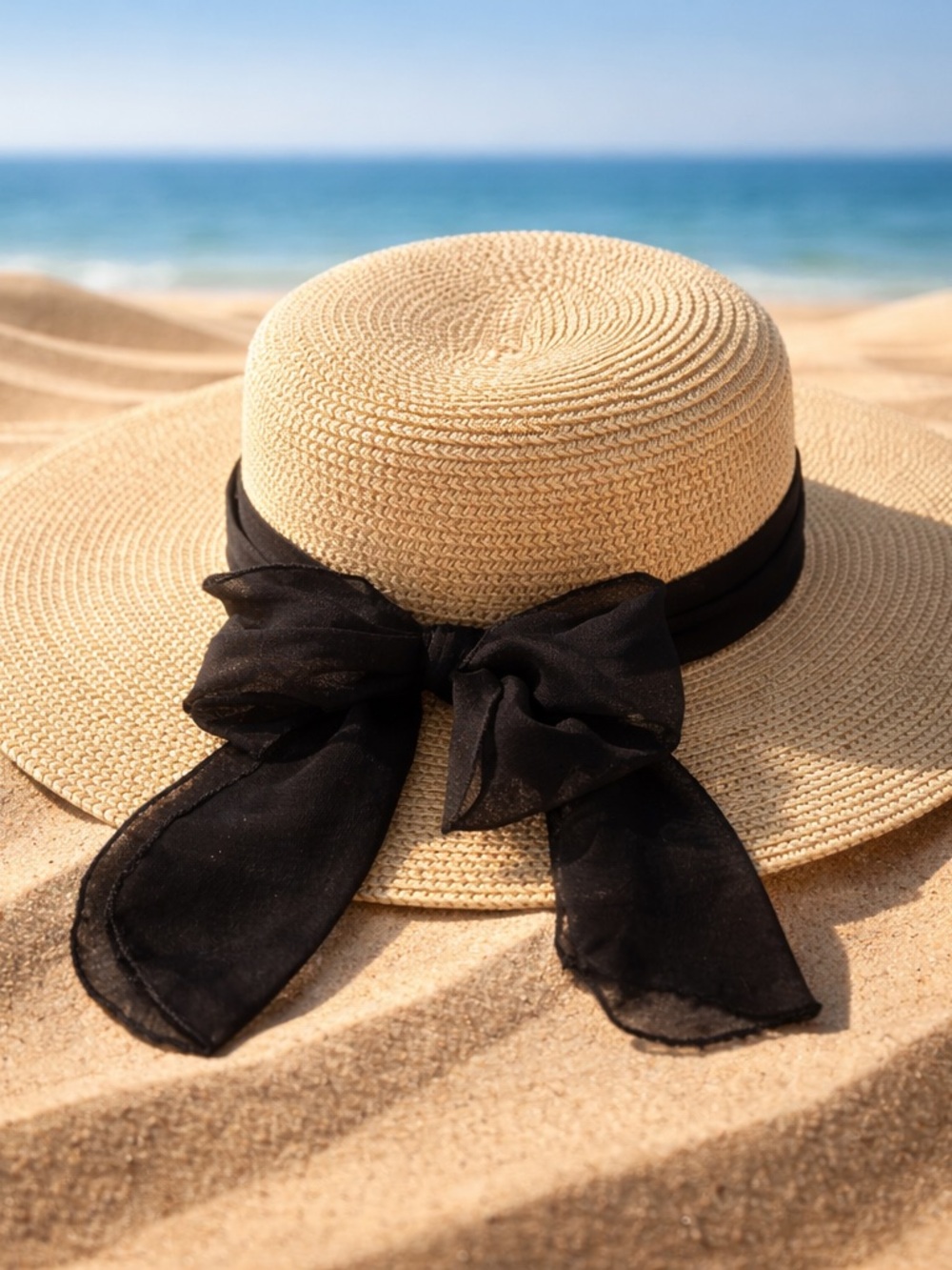 Straw Sun Hat with Black Bow Accent
